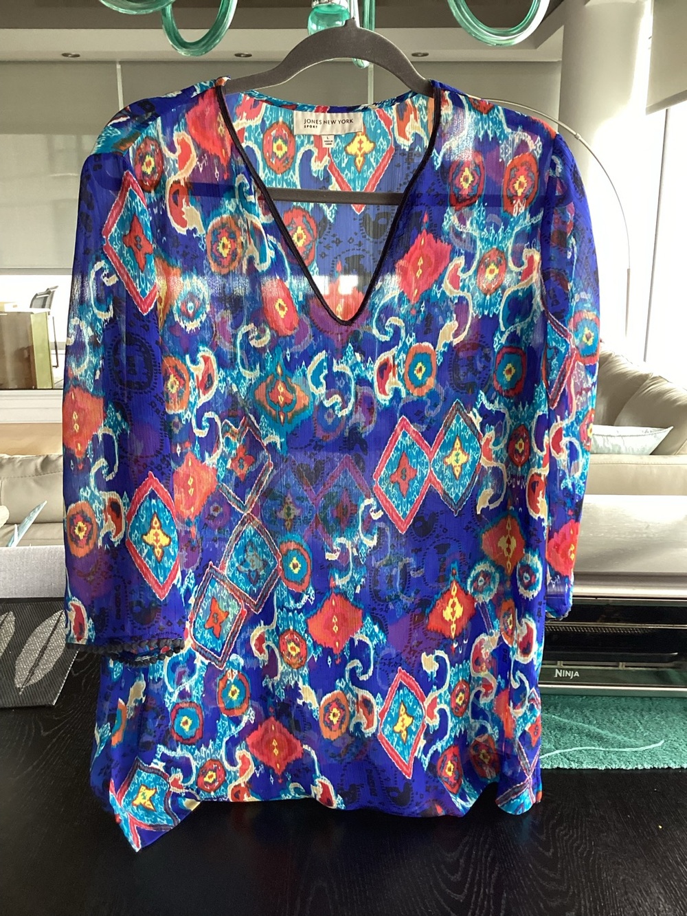 Jones New York Sport V-Neck Ikat Top in Turquoise, Blue & Coral